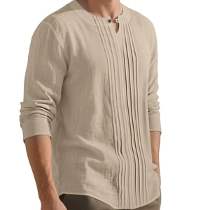 Men's khaki long sleeve linen shirt with vertical pleated texture and henley neck