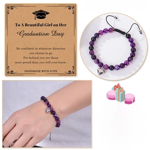 Bracelet en pierre naturelle violette avec pendentif coeur argenté et carte de remise des diplômes