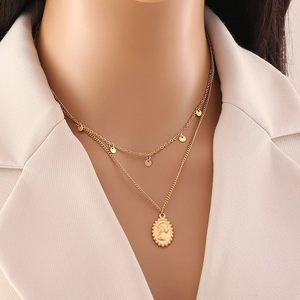 Double-layer gold stainless steel necklace with sequins and vintage coin pendant