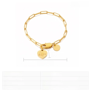 Detail of gold-plated stainless steel chain with heart charm and size specifications