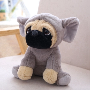 Cute pug plush toy wearing a grey hoodie with large ears in a sitting position