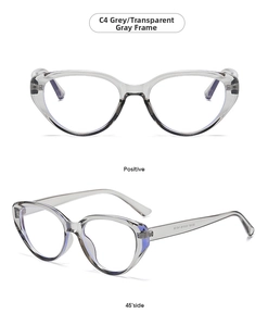 Detail view of transparent grey cat eye glasses frames with model code on temples