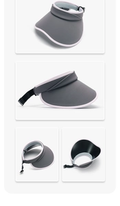 Detail of grey sun visor showing the adjustable drawstring and breathable sweatband