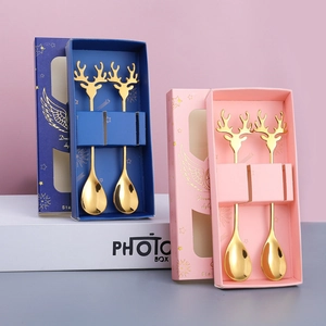 Christmas stainless steel elk spoon set with golden antlers in elegant gift boxes