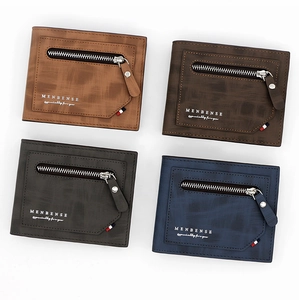Short men's wallet set showing cross-texture leather in four colors with zipper detail