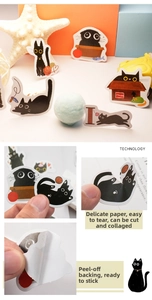 Detail showing self-adhesive cute black cat stickers being peeled off the backing paper