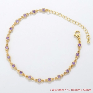 Detail of gold bracelet with purple round crystals, width 4mm, lobster clasp and extender