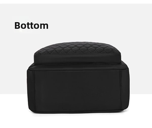 Vue détaillée du fond d'un élégant sac à dos noir matelassé en tissu oxford pour femmes.