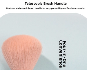 Detail of pink retractable 4-in-1 makeup brush with soft dense bristles for travel