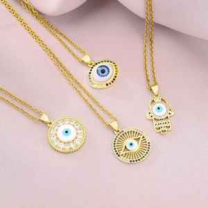 Elegant Evil Eye Pendant Necklace 18K Gold Plated Copper Micro Zircon Enamel Hamsa Hand Jewelry For Women