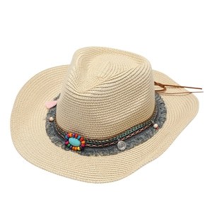Western straw cowboy hat with ethnic beads and tassels for outdoor sun protection