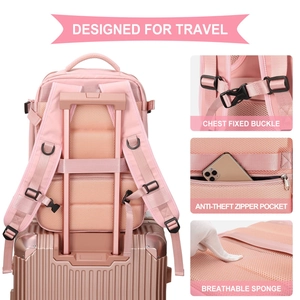 Pink travel backpack with luggage strap, anti-theft pocket and breathable padding detail