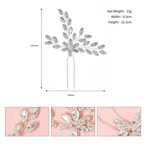Détails macro d'une épingle à cheveux argentée en U avec strass et dimensions précises