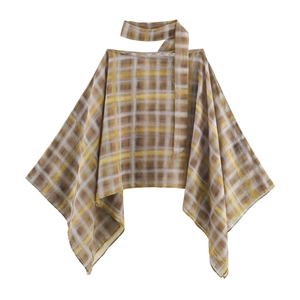 Poncho-Cape-Oberteil mit Karomuster und Halsschleife in Gelb, Grau und Braun