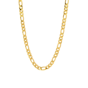 Macro shot of gold-plated Figaro chain necklace showing the polished metal links texture