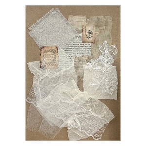 Vintage DIY-Bastelset mit weißer Spitze, Netzstoff und botanischem Retro-Papier-Set