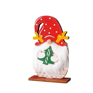Christmas gnome wooden ornament with plush beard and XMAS sign on a white background