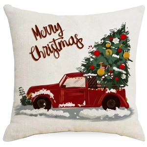 Weihnachts-Kissenbezug mit rotem Oldtimer-Truck und Tannenbaum auf beigem Leinen