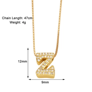 Detail of gold letter Z pendant with clear cubic zirconia on 47cm box chain, 4g weight