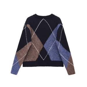 Maglione classico in maglia argyle blu navy e moka con polsini e fondo a coste fini