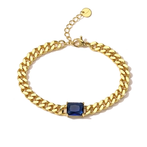 Punk style 18K gold plated Cuban chain bracelet with rectangular blue zircon gemstone