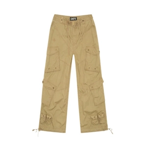Retro khaki parachute pants with adjustable wide leg and multi-pocket cargo design