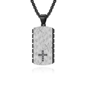 Mechanical gear style mens necklace with silver hammered texture and black cross pendant