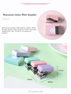 Close-up of mini macaron stapler set showing dimensions and various pastel color options