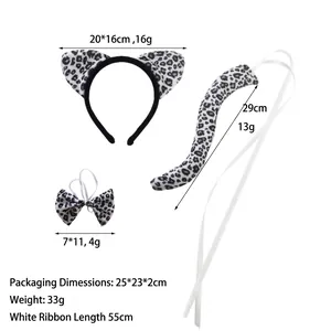 Detailed view of leopard print animal cosplay set with headband bow tie and tail dimensions