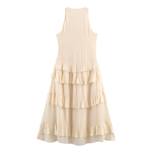 Abito midi beige senza maniche con strati a balze e scollatura all'americana
