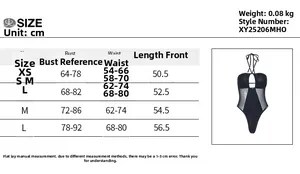 Detailed size guide table for women's cutout halter bodysuit with precise cm measurements