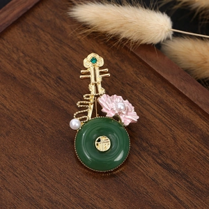 Detailed view of a Chinese-style gourd brooch with pipa design and faux pearl accents