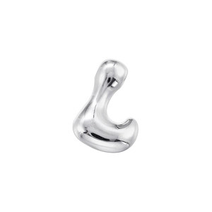 Detail of silver bubble alphabet bead featuring irregular liquid metal surface and high-gloss