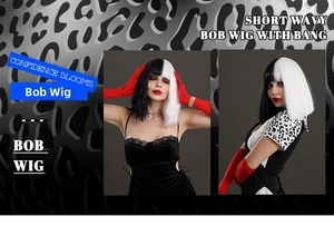 Split black and white Bob wig with bangs in wavy and straight styles for Cosplay