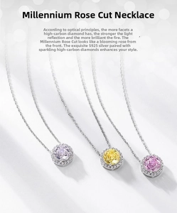 Close-up of S925 silver necklaces with pink, yellow, and purple rose-cut carbon diamonds