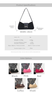 Detailed dimension chart showing bow baguette bag size and available color options