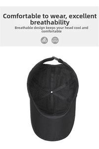 Detail view of breathable mesh fabric and adjustable plastic buckle on the black baseball cap