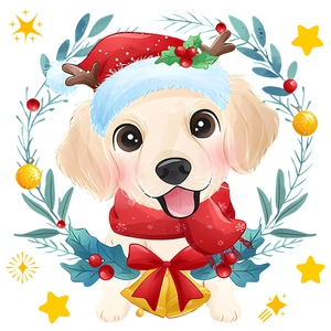 Detailed view of festive puppy wall sticker with red antlers hat and holly wreath