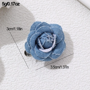 Blue denim camellia flower brooch and clip detail with 3cm and 3.5cm measurements
