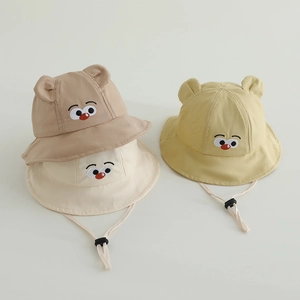 Baby Sun Bucket Hat Cotton Blend Cartoon Animal Eyes Embroidered With Ears And Adjustable Windproof Strap Outdoor Toddler