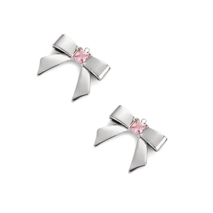 Detailed macro view of silver bow pendants featuring a central square pink zircon stone