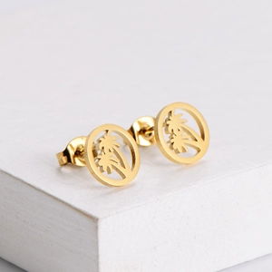 18k gold plated stainless steel hollow palm tree circle earrings on white stone