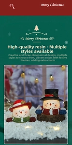 Close-up of resin Christmas snowman ornaments with built-in LED lights and wood-like base