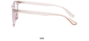 Detail view of transparent pink glasses frame showing temple dimensions and CE mark