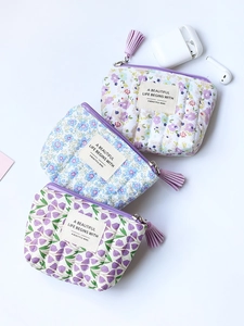 Quilted Cotton Floral Coin Purse Mini Cosmetic Makeup Bag With Zipper And Tassel Portable Storage Pouch For Women Girls
