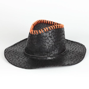 Detail of black textured cowboy hat with crocodile pattern and orange stitching accents