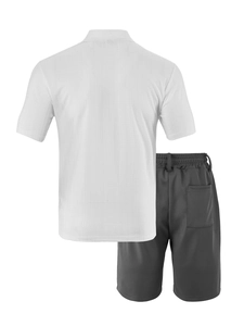 Detailed back view of white waffle texture shirt and dark grey shorts set for men