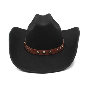 Classic black felt western cowboy hat with studded brown leather band and curved brim