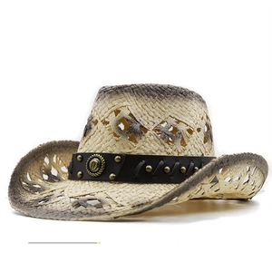 Unisex elegant straw western cowboy hat with wide brim and leather band detailing
