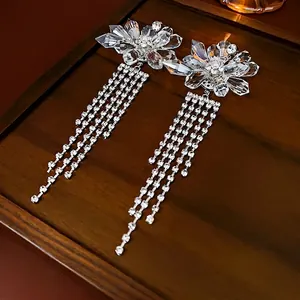 Elegant Flower Crystal Tassel Earrings Chic Rhinestone Drop Design With Silver Earring Post For Women Luxury Party Jewelry